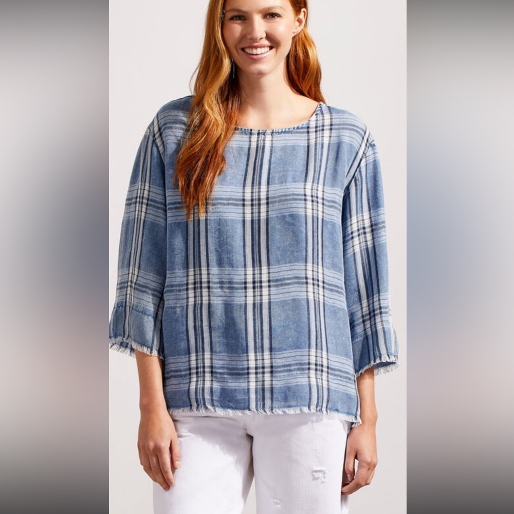 Plaid tencel chambray blouse with Fringe